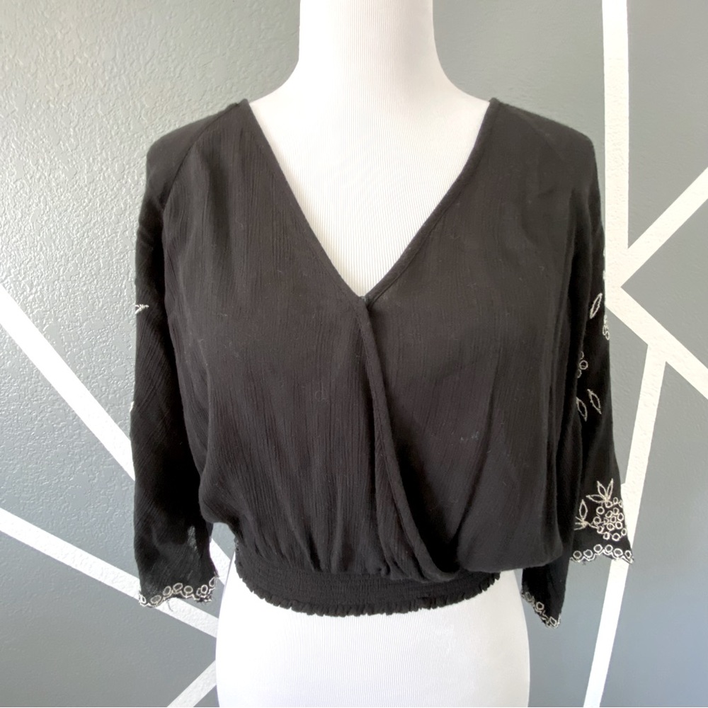 Forever 21, Black gauzy cross/ front top, embroidery sleeves, size S